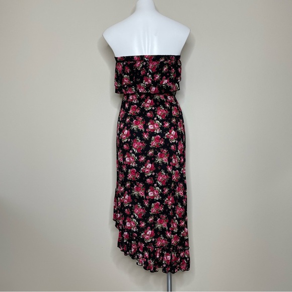Rue21 Strapless Dress Red Floral Pattern Ruffled Top Edge and Asymmetric Hem - Picture 3 of 6